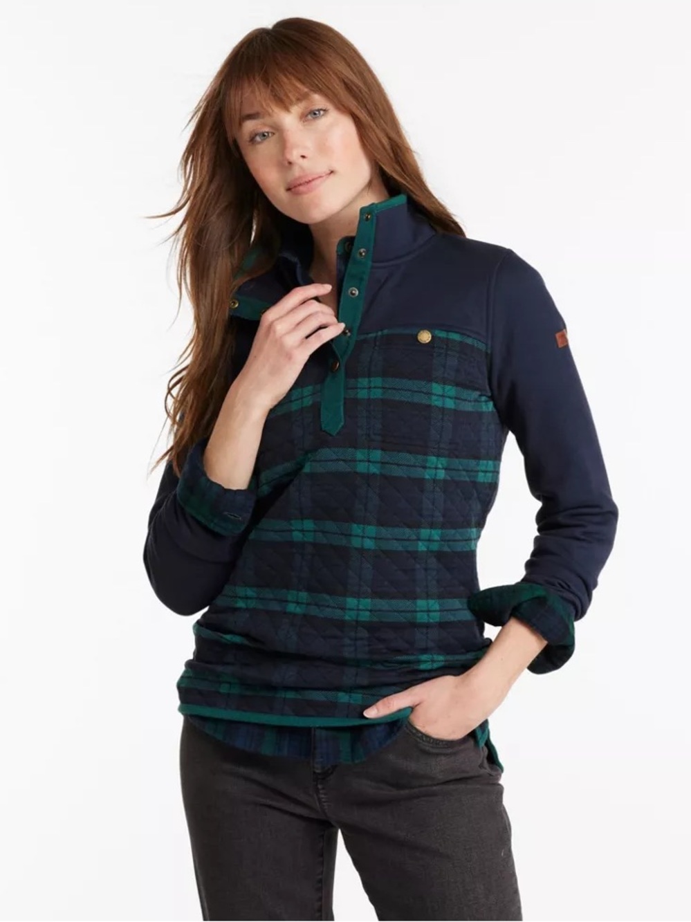 LL Bean Sweatshirt Womens 1x Blue Green Blackwatch Plaid Quilted